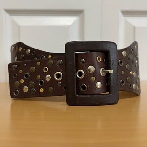 Calvin Klein Brown Leather Wide Belt Multicolor Stud Grommet Details Size Small